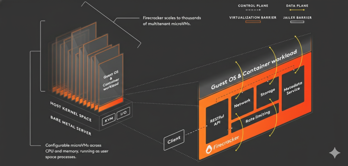 Firecracker architecture — microVMs running on bare metal with KVM, showing control plane and data plane isolation