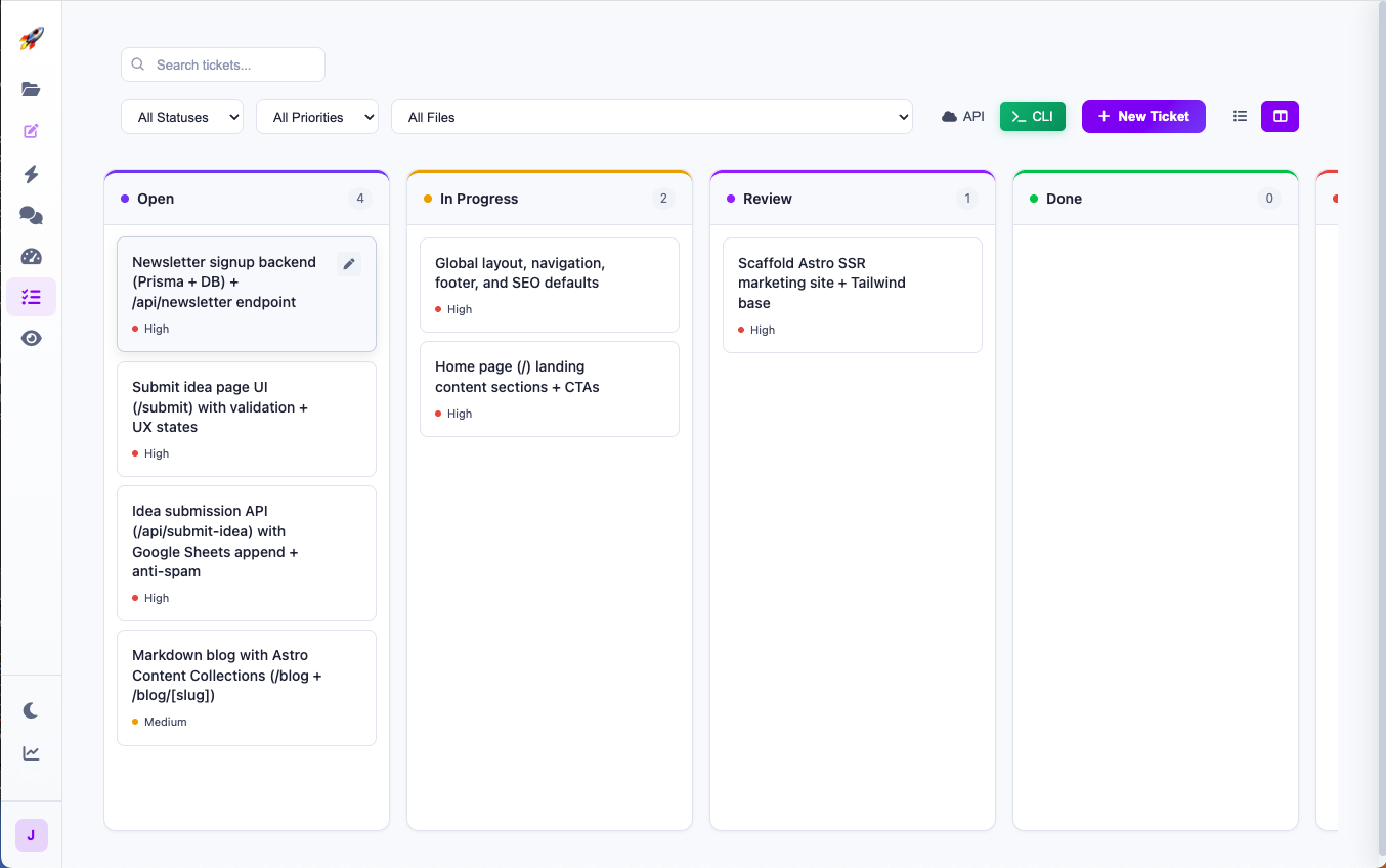 LFG ticket board with Open, In Progress, Review, and Done columns