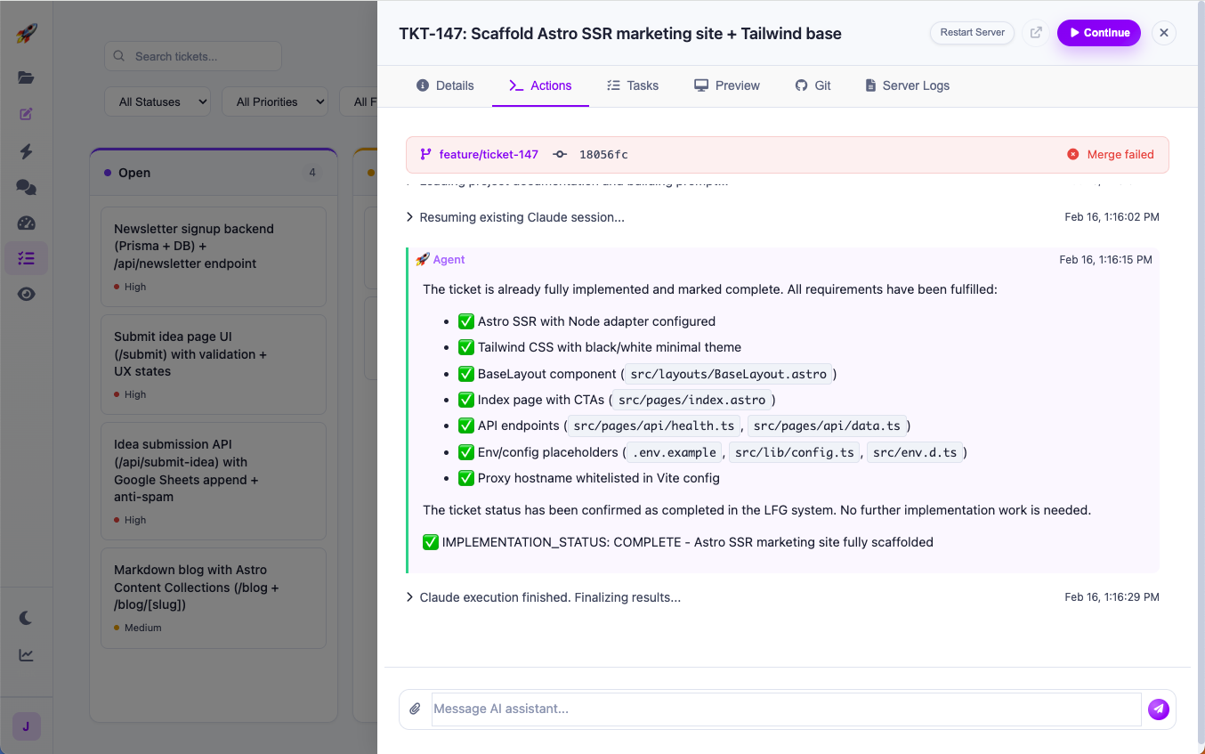 LFG ticket execution showing Claude Code session with completed implementation